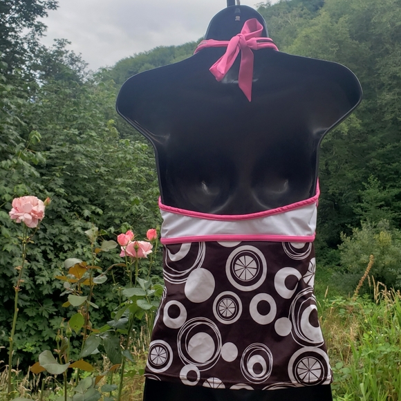 ZEROXPOSUR Halter Tankini Swim Top Abstract Brown Pink Womens Size 10 - Picture 3 of 16